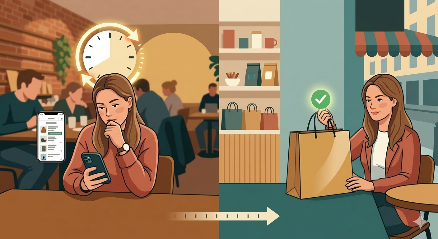 48-hour rule infographic showing clock and shopping decision