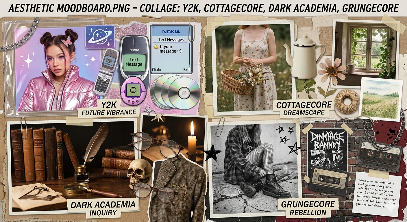 Aesthetic moodboard collage: Y2K, cottagecore, dark academia, grungecore styles