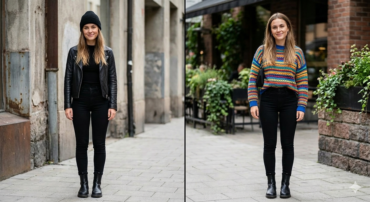 Same person in two outfits: all black vs black pants with colorful top