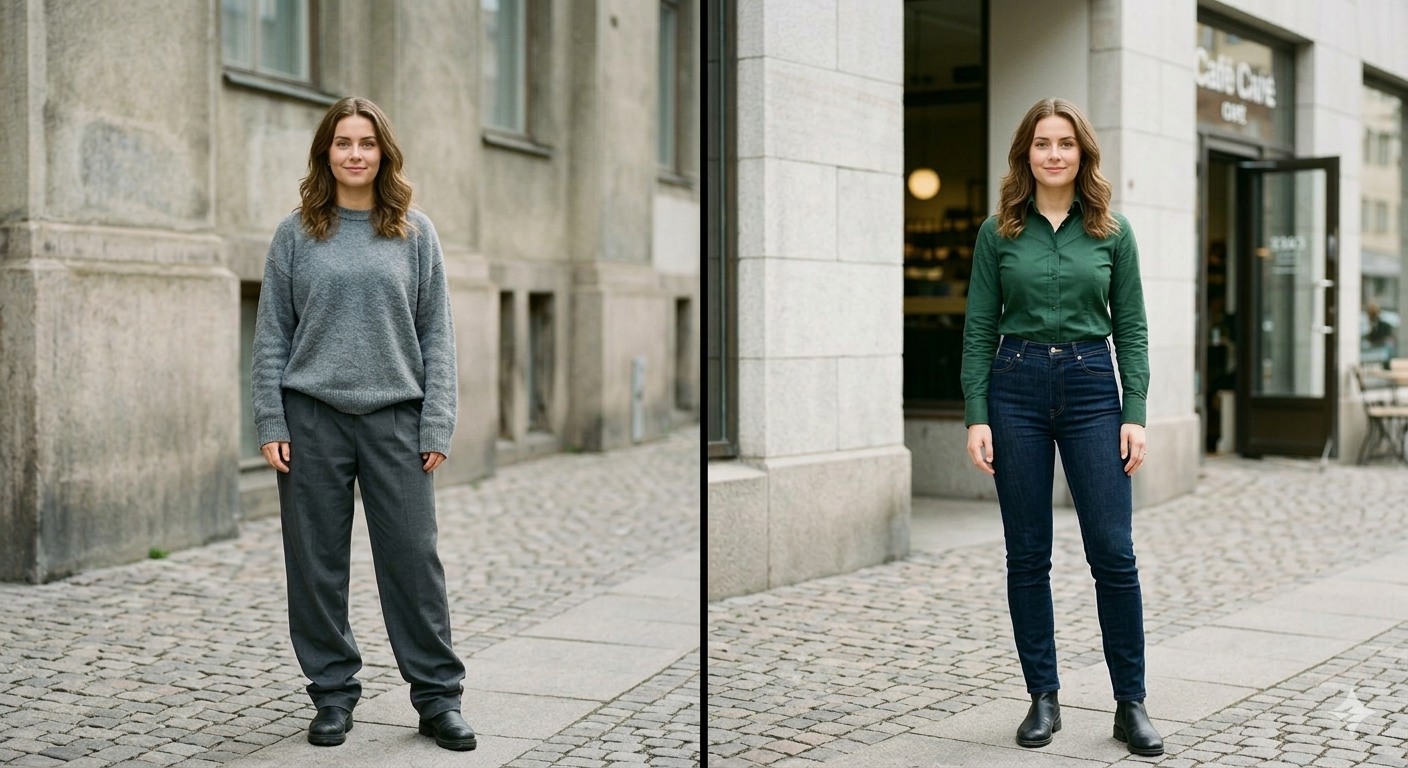 Comparison showing the difference between poor fit and good fit on the same outfit